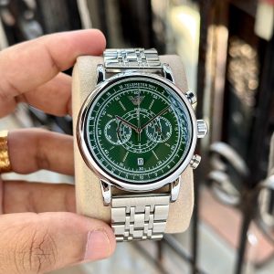 Premium men’s chronograph watch with emerald green dial and silver strap – 44mm